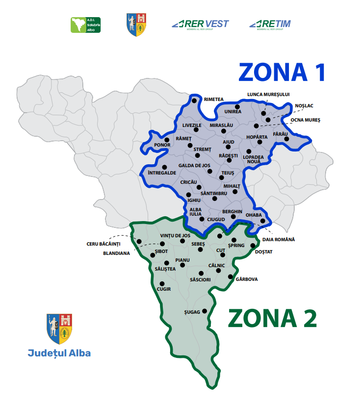 Harta zonelor de colectare a deseurilor voluminoase in judetul Alba - Zona 1 si Zona 2